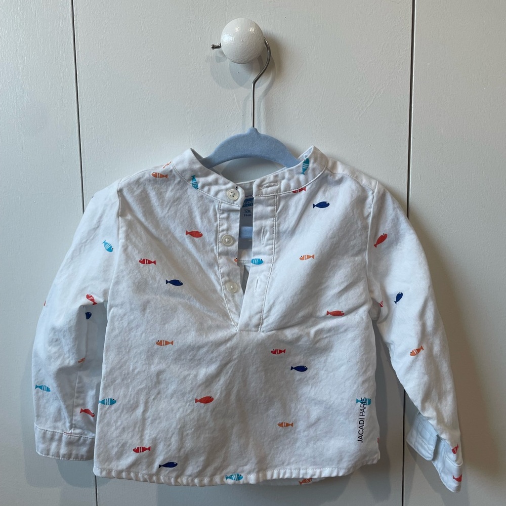 Jacadi Paris baby button down with Nehru collar and fish print